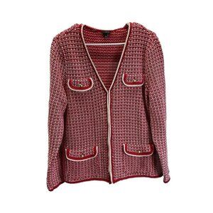 Talbots Tweed Blazer Jacket Red Gold Button Knit cardigan Career Size LG mature